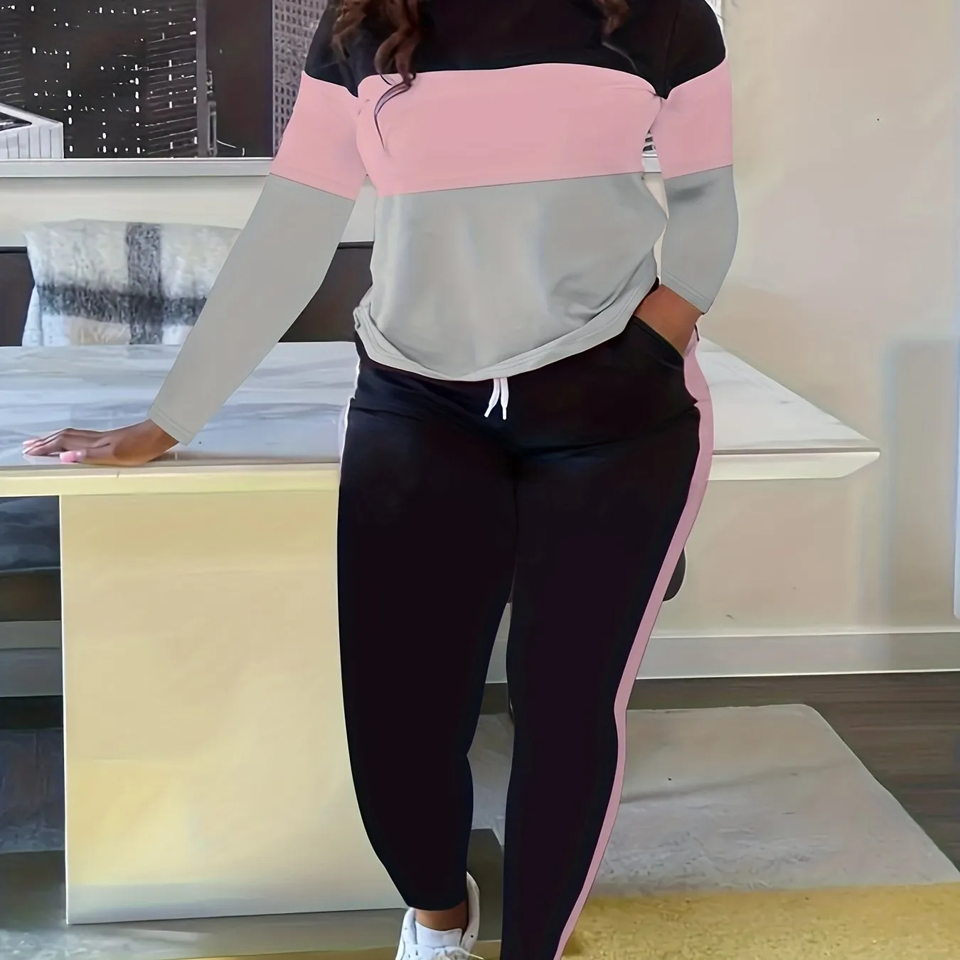 Plus Size Colorblock Crew Neck Long Sleeve Top & Drawstring Striped Joggers - Casual Two Piece Set for Women