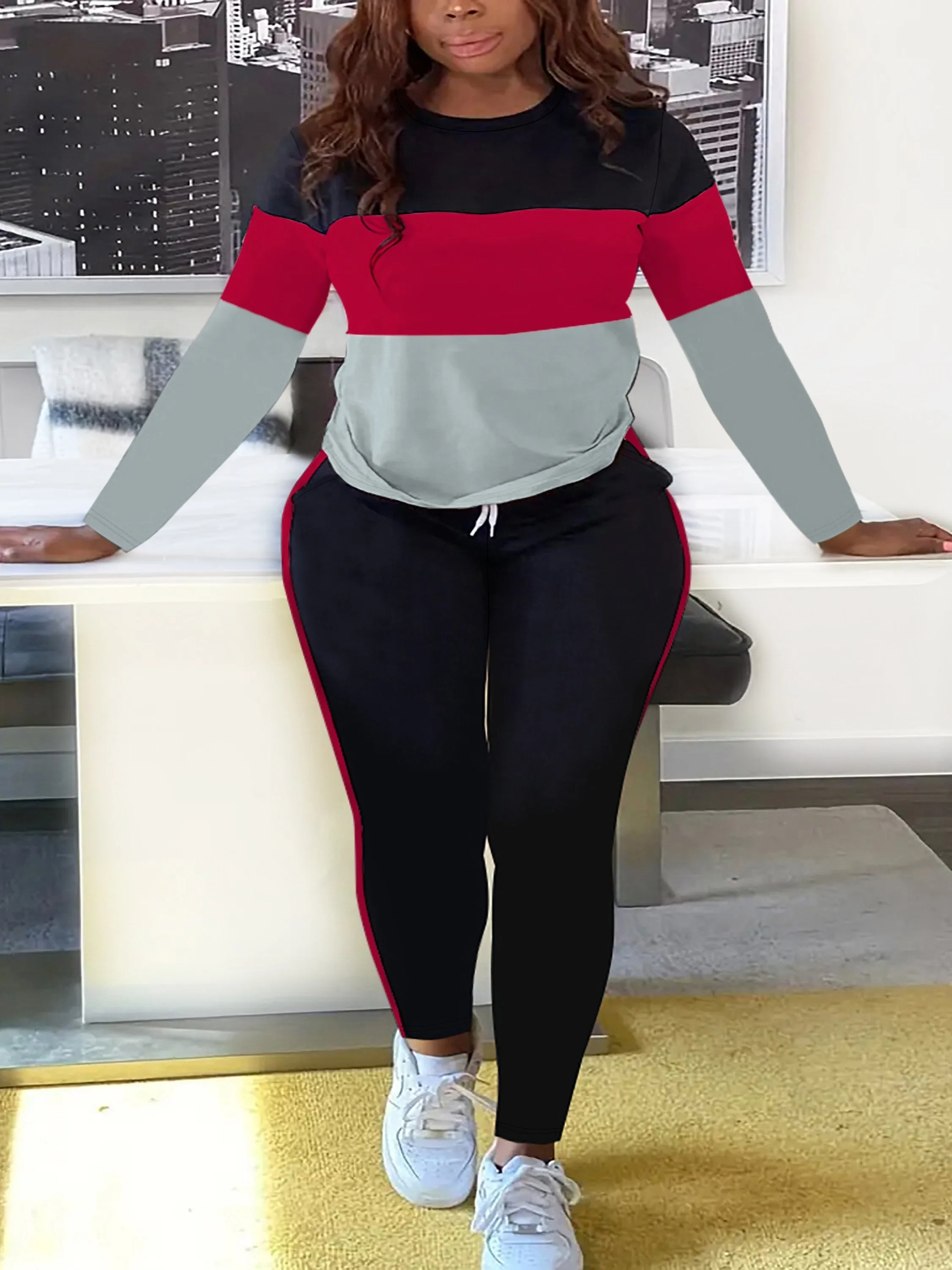 Plus Size Colorblock Crew Neck Long Sleeve Top & Drawstring Striped Joggers - Casual Two Piece Set for Women