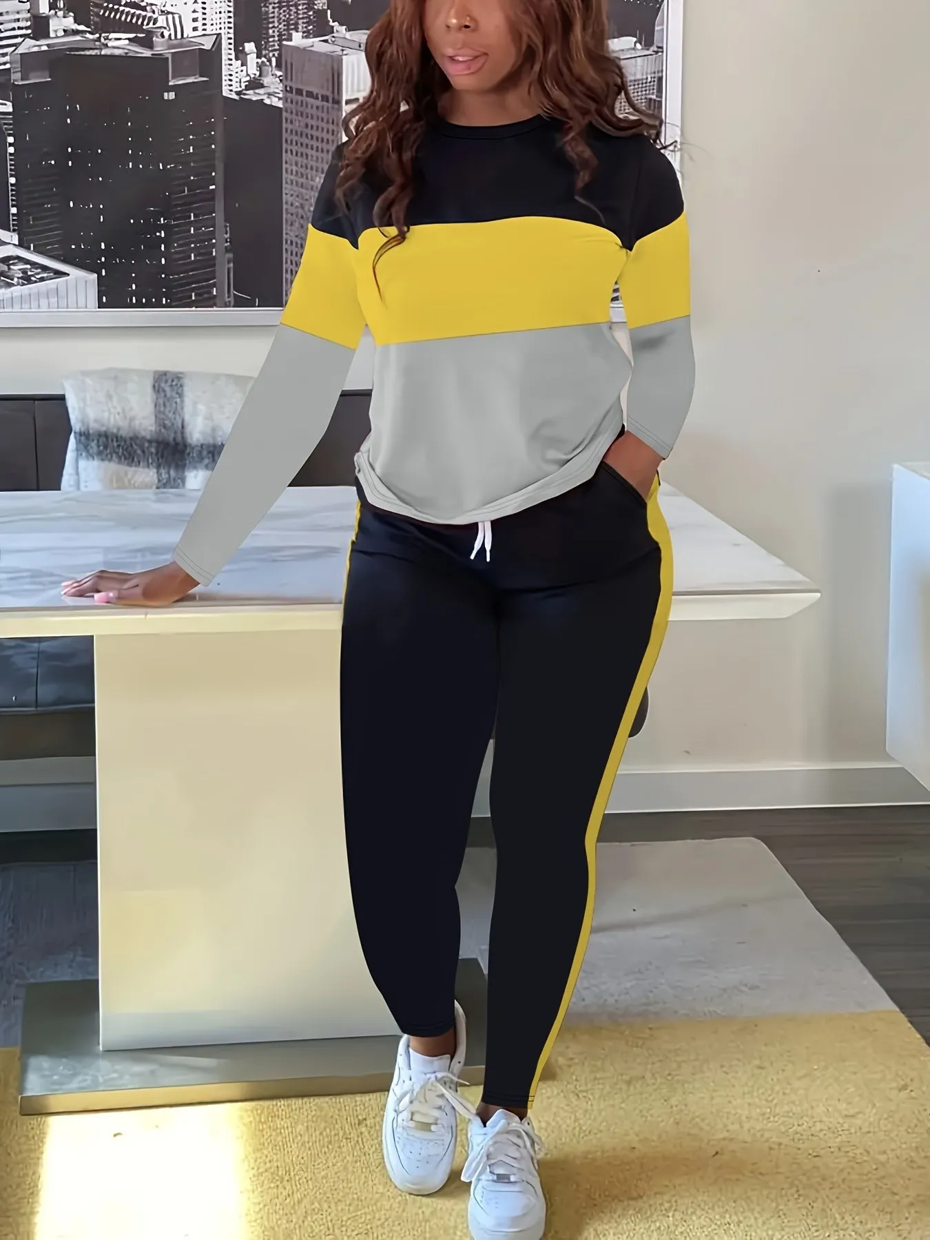 Plus Size Colorblock Crew Neck Long Sleeve Top & Drawstring Striped Joggers - Casual Two Piece Set for Women