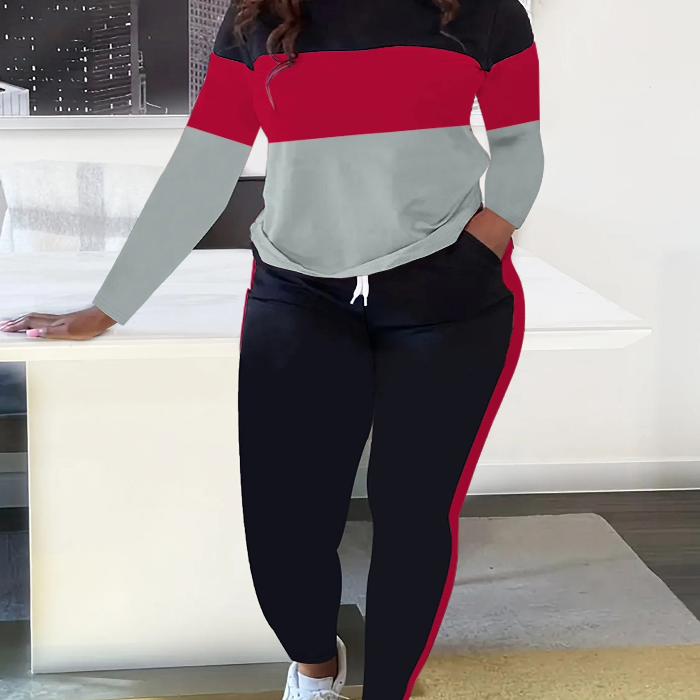 Plus Size Colorblock Crew Neck Long Sleeve Top & Drawstring Striped Joggers - Casual Two Piece Set for Women