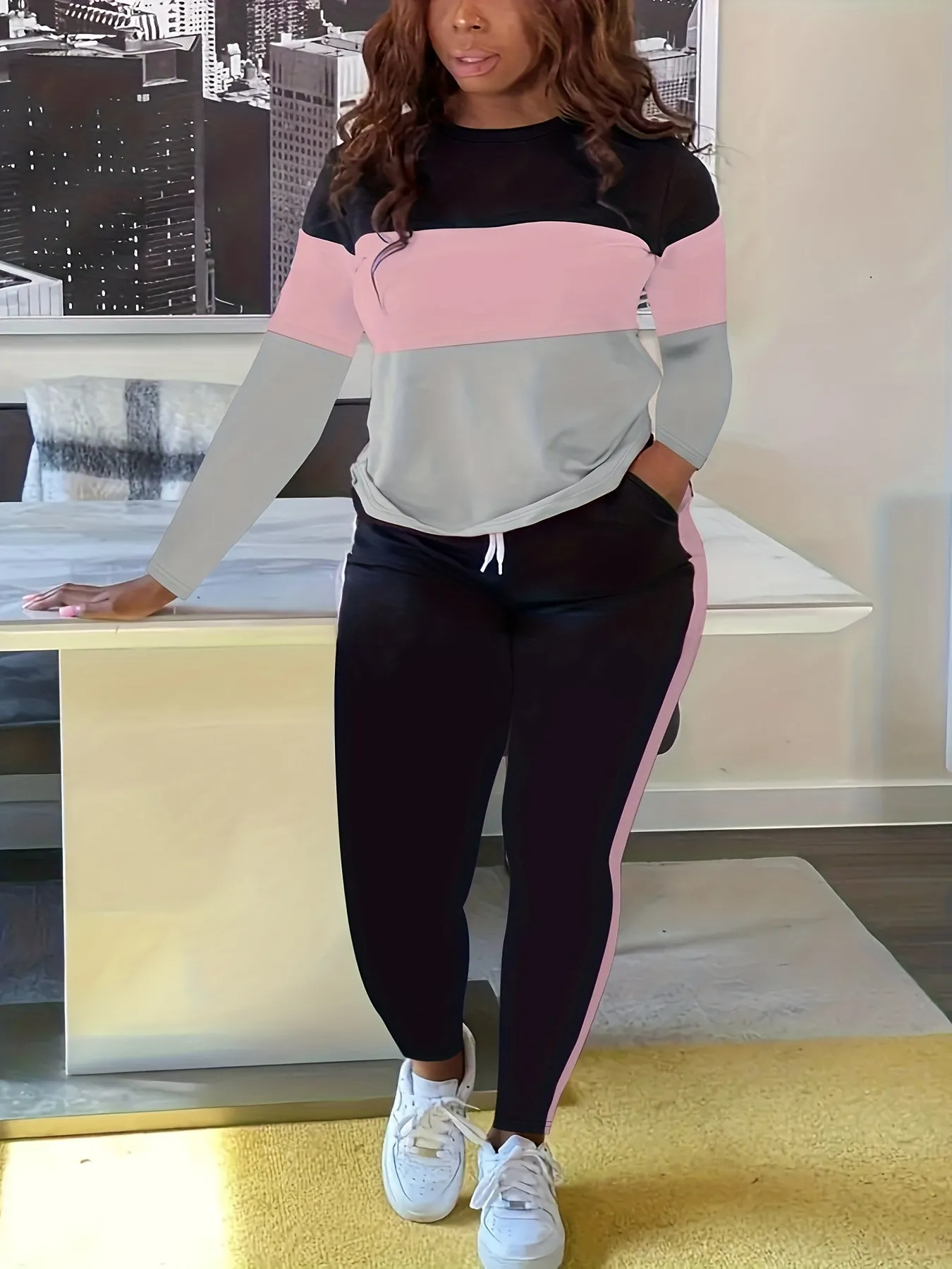 Plus Size Colorblock Crew Neck Long Sleeve Top & Drawstring Striped Joggers - Casual Two Piece Set for Women