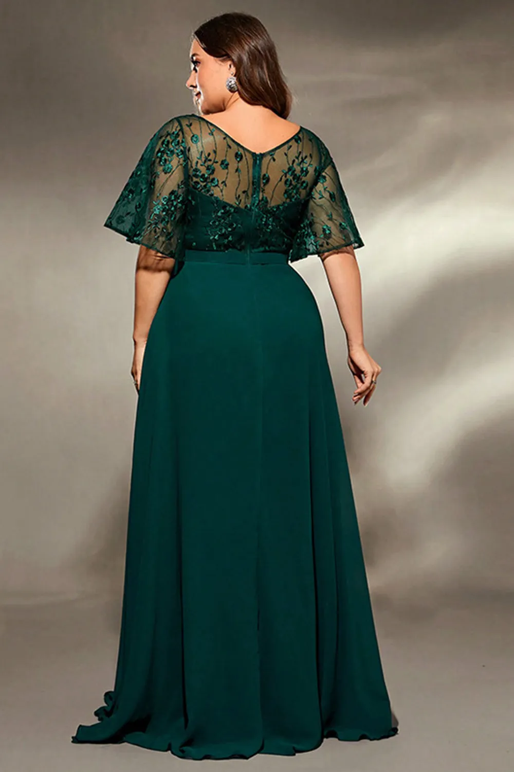 Plus Size Dark Green Embroidered A Line V Neck Maxi Dress with Half Sleeves