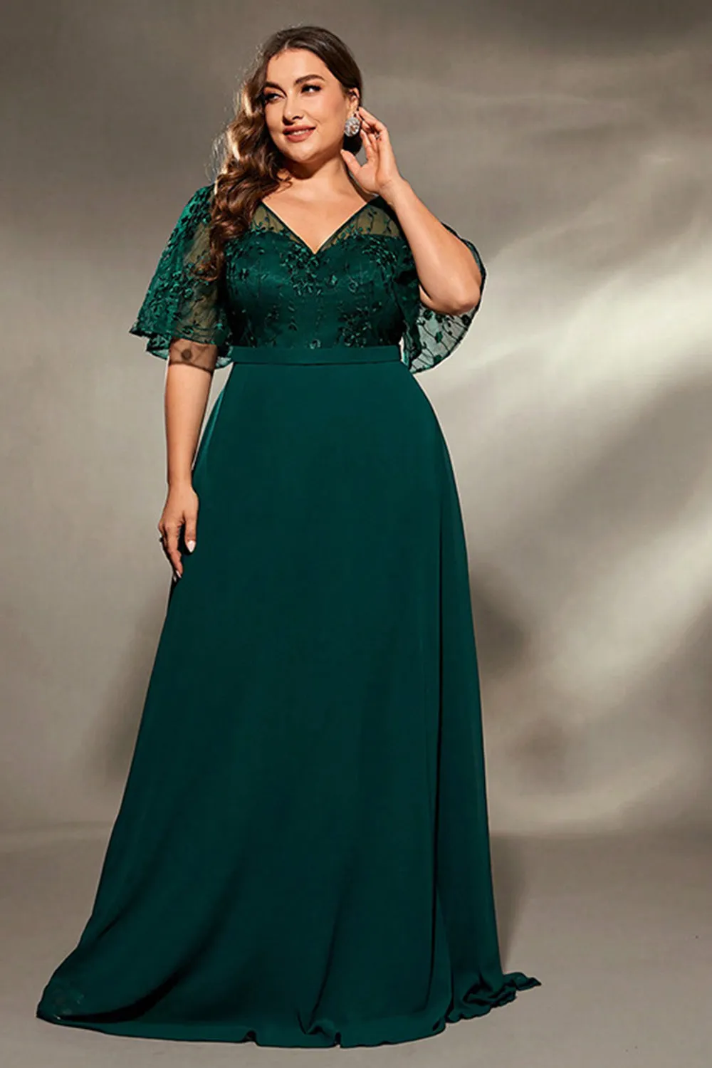 Plus Size Dark Green Embroidered A Line V Neck Maxi Dress with Half Sleeves