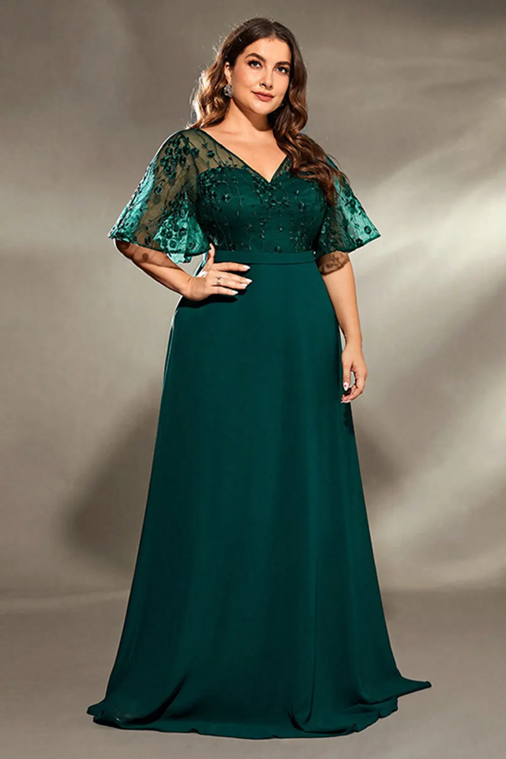 Plus Size Dark Green Embroidered A Line V Neck Maxi Dress with Half Sleeves