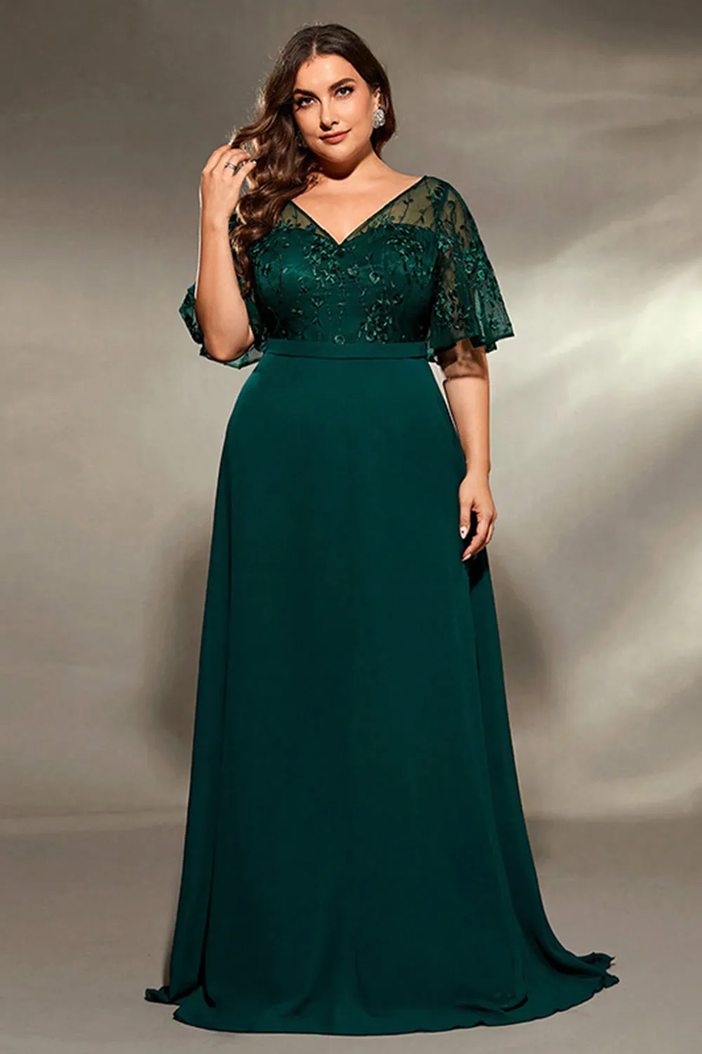 Plus Size Dark Green Embroidered A Line V Neck Maxi Dress with Half Sleeves