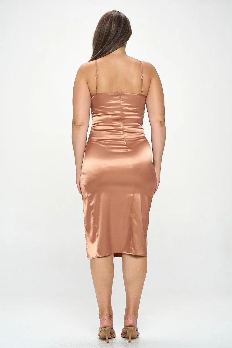 Plus Solid Satin Front Knot Bodycon Midi Dress