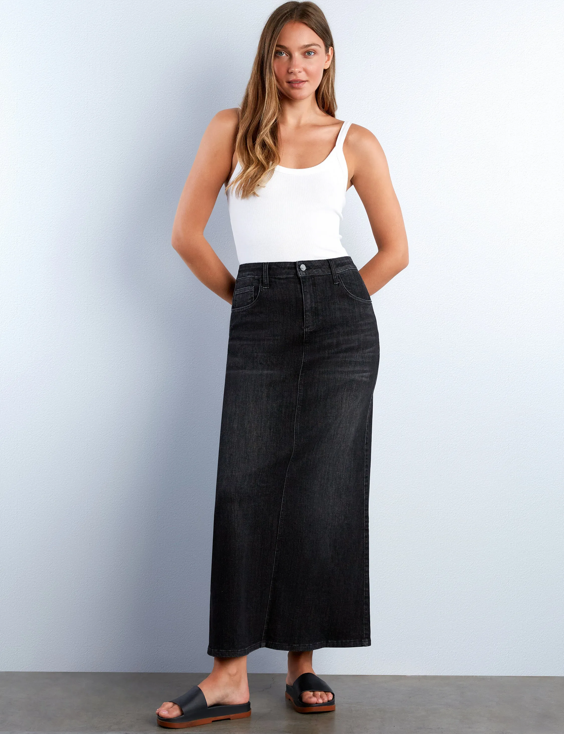 Polished Denim Maxi Skirt