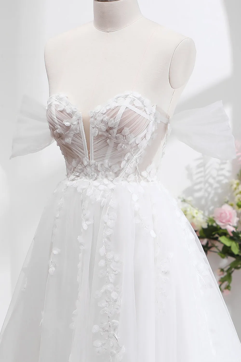 Princess Off The Shoulder Sweep Train Tulle Corset Wedding Dress with Appliques