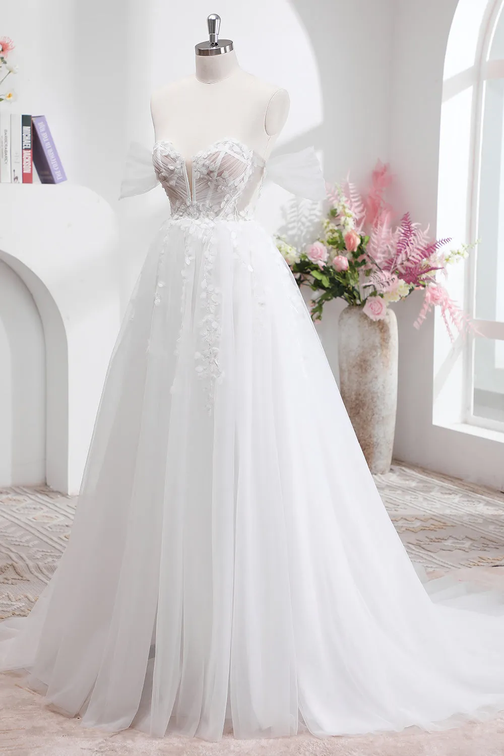 Princess Off The Shoulder Sweep Train Tulle Corset Wedding Dress with Appliques