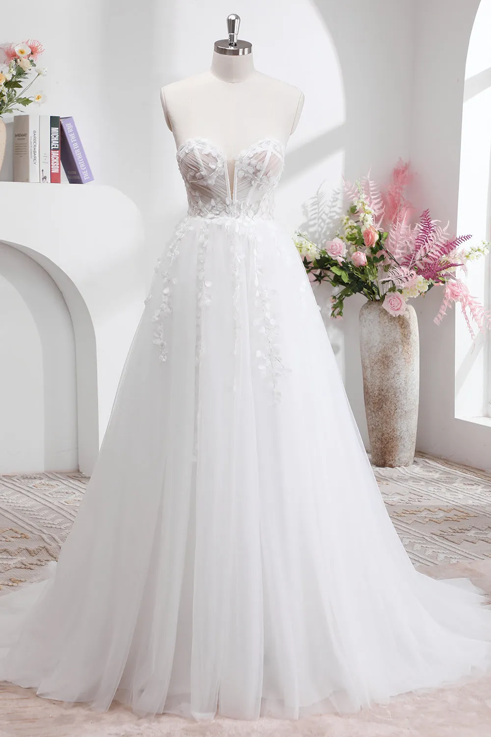 Princess Off The Shoulder Sweep Train Tulle Corset Wedding Dress with Appliques