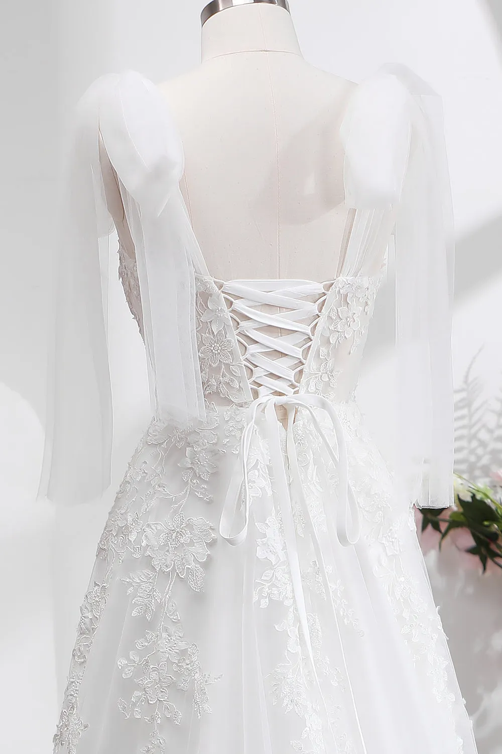 Princess White A-Line Lace Up Back Corset Wedding Dress with Appliques Lace