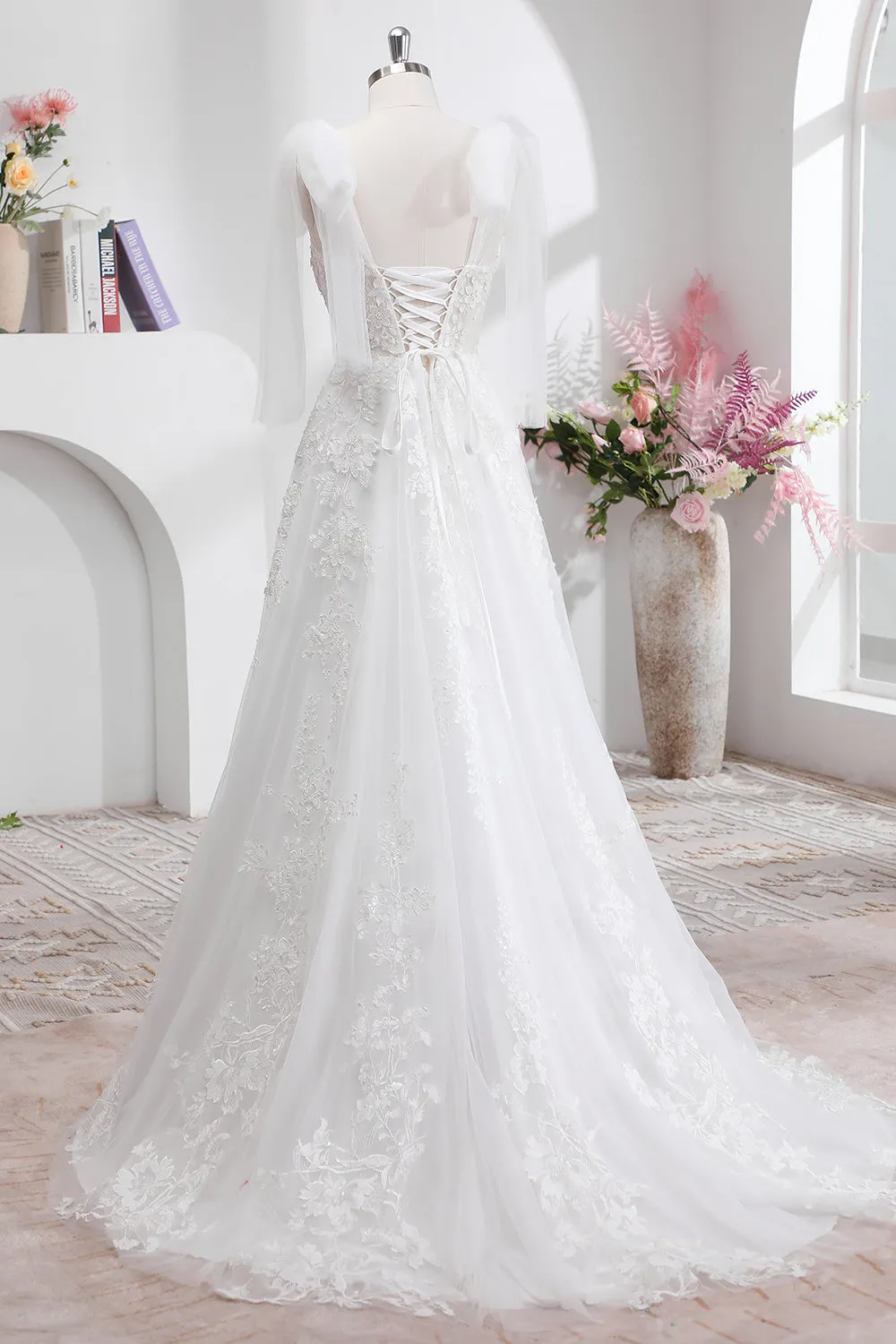 Princess White A-Line Lace Up Back Corset Wedding Dress with Appliques Lace