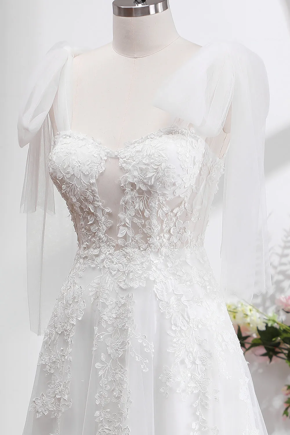 Princess White A-Line Lace Up Back Corset Wedding Dress with Appliques Lace