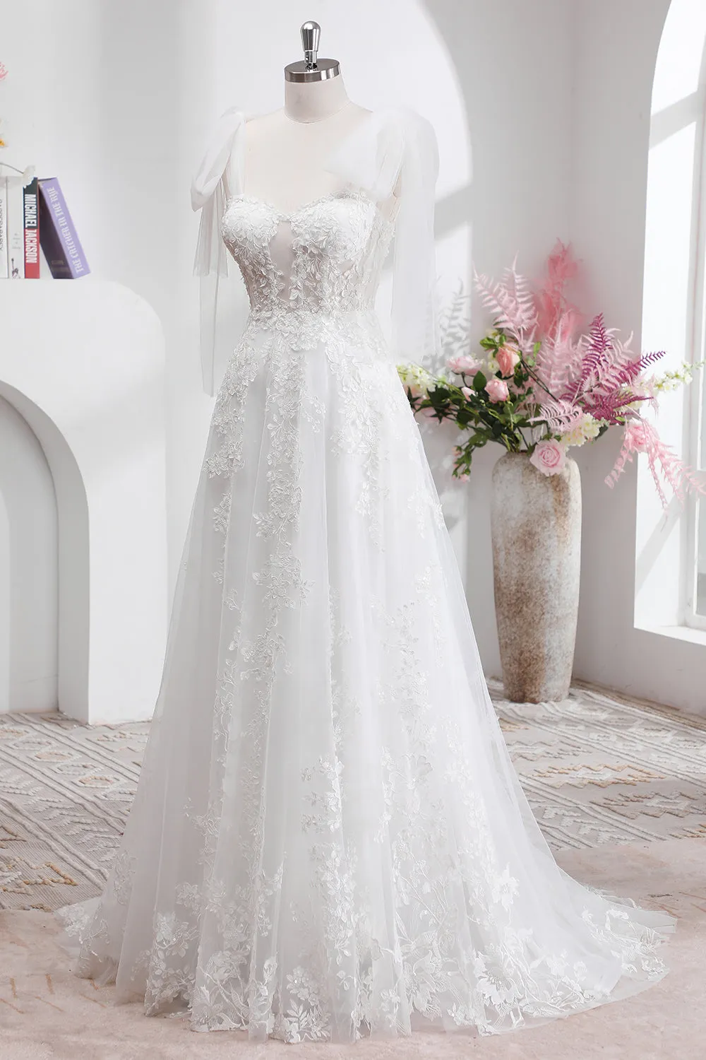 Princess White A-Line Lace Up Back Corset Wedding Dress with Appliques Lace