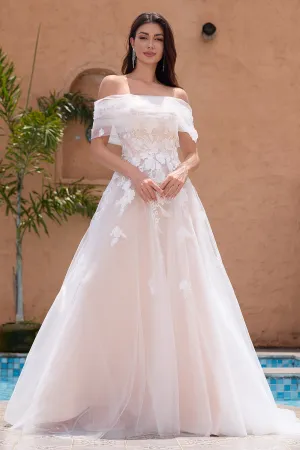 Princess White Off The Shoulder Tulle Long Wedding Dress with Appliques Lace