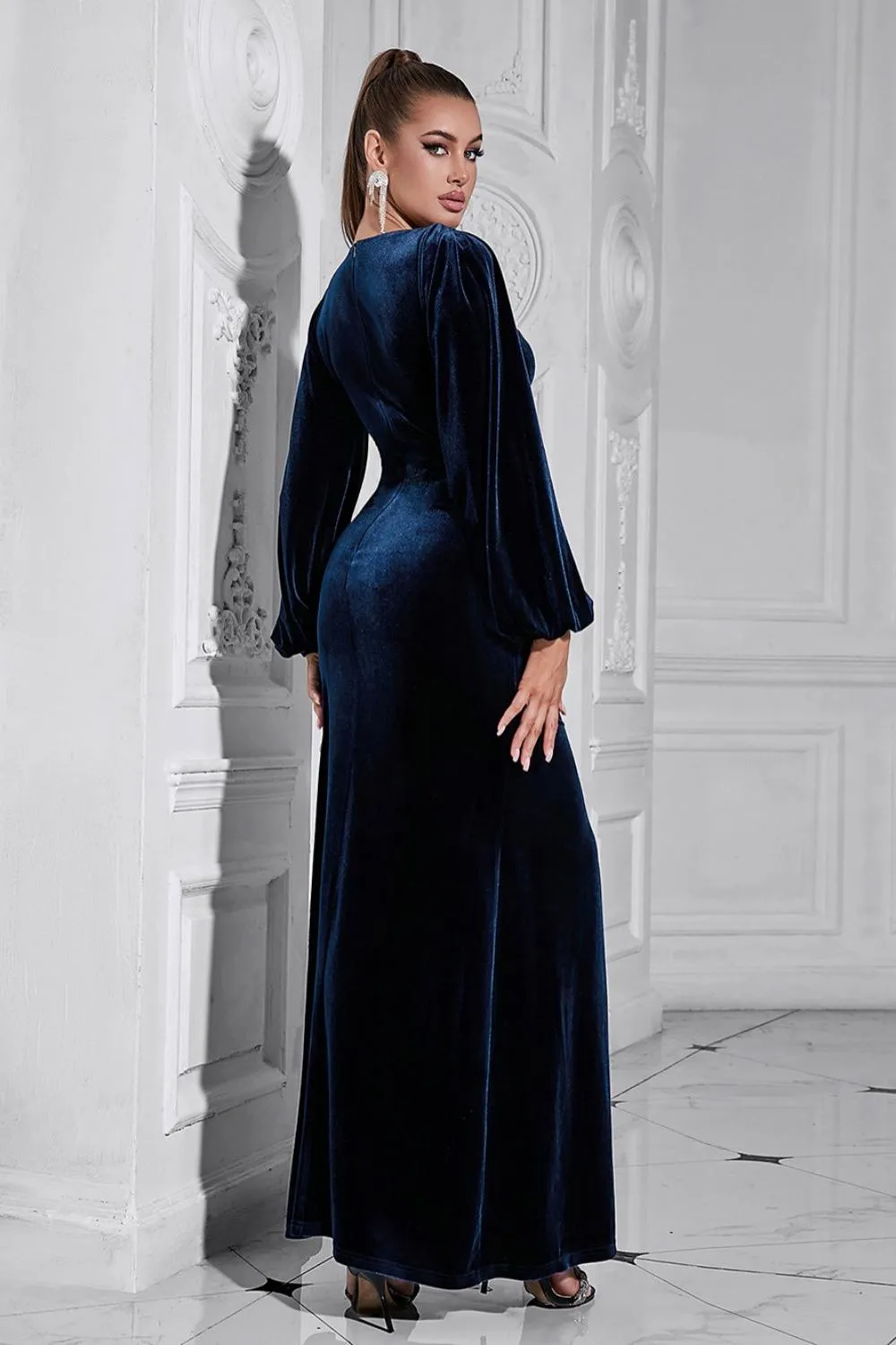 Puff Sleeves Dark Blue Ruched Long Velvet Dress with Slit