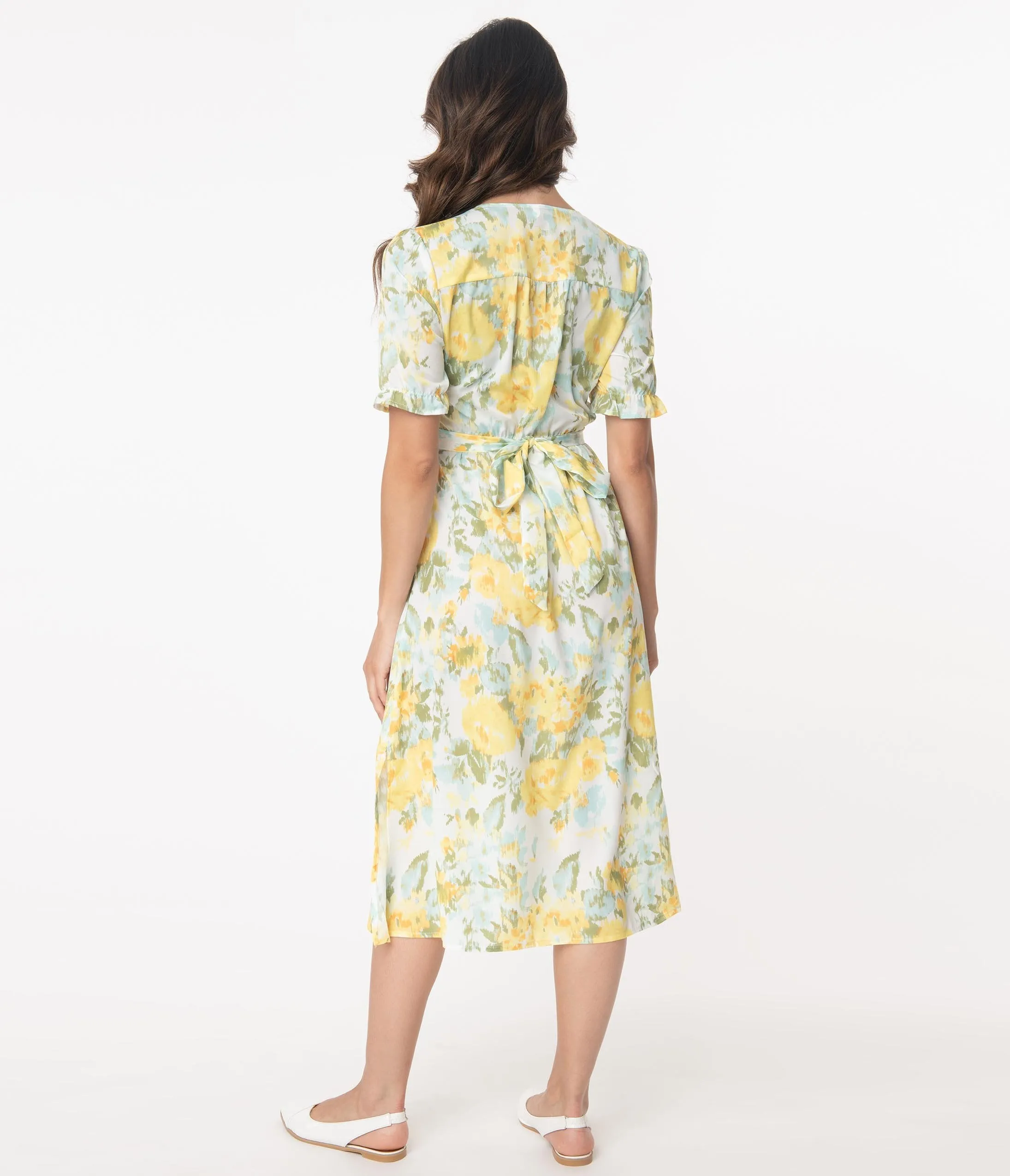 Retro Style White & Yellow Floral Midi Dress