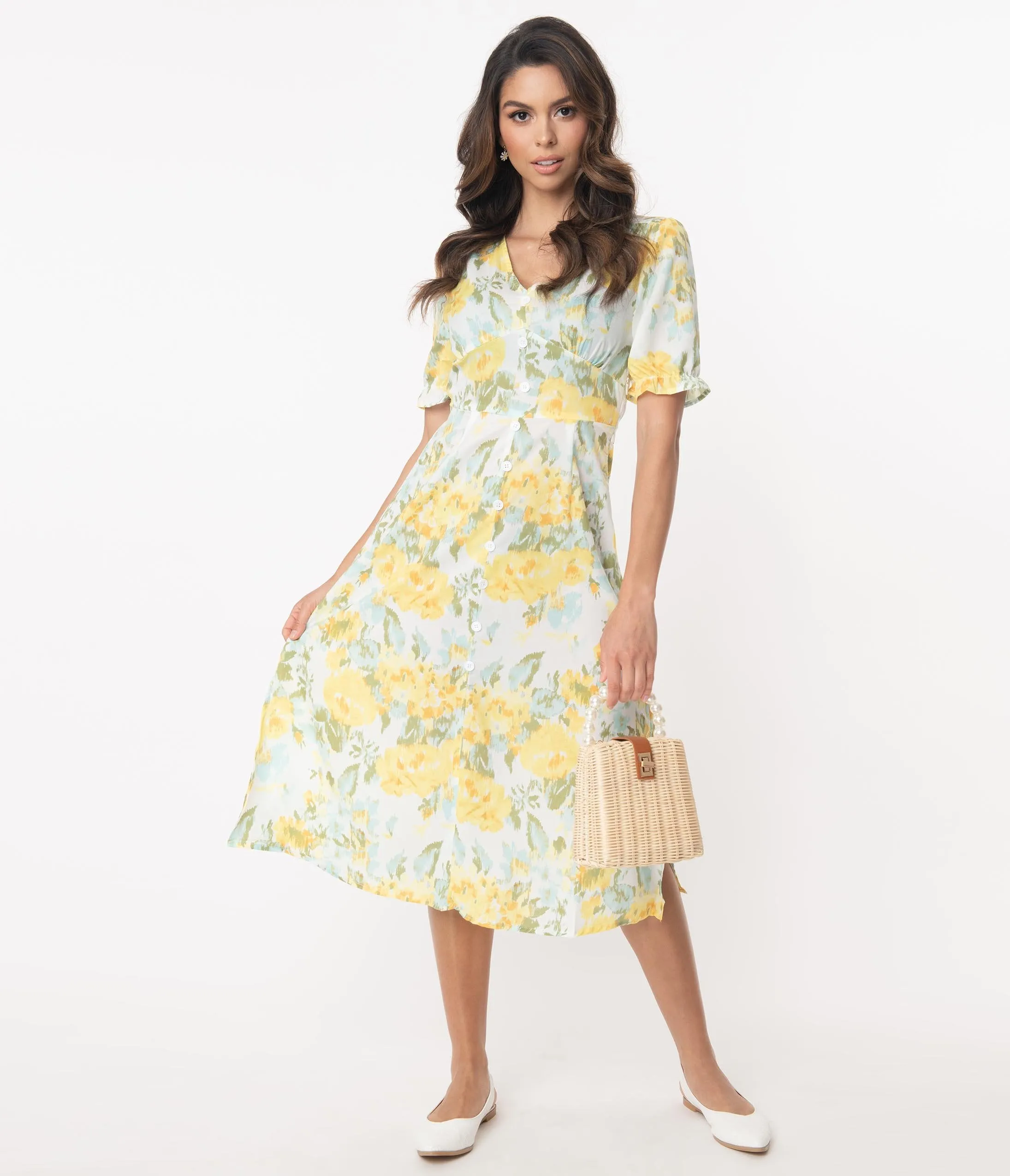 Retro Style White & Yellow Floral Midi Dress