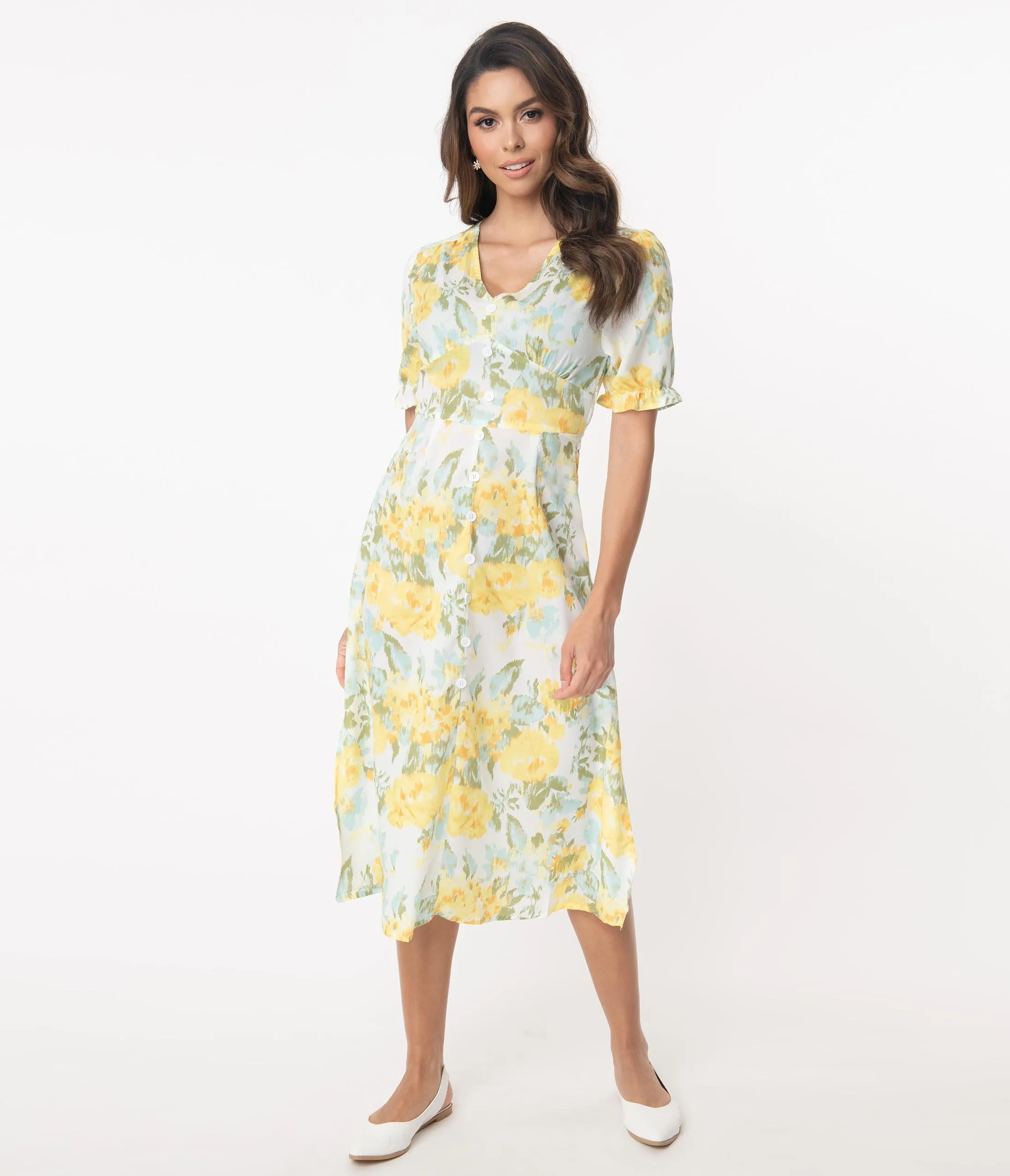 Retro Style White & Yellow Floral Midi Dress