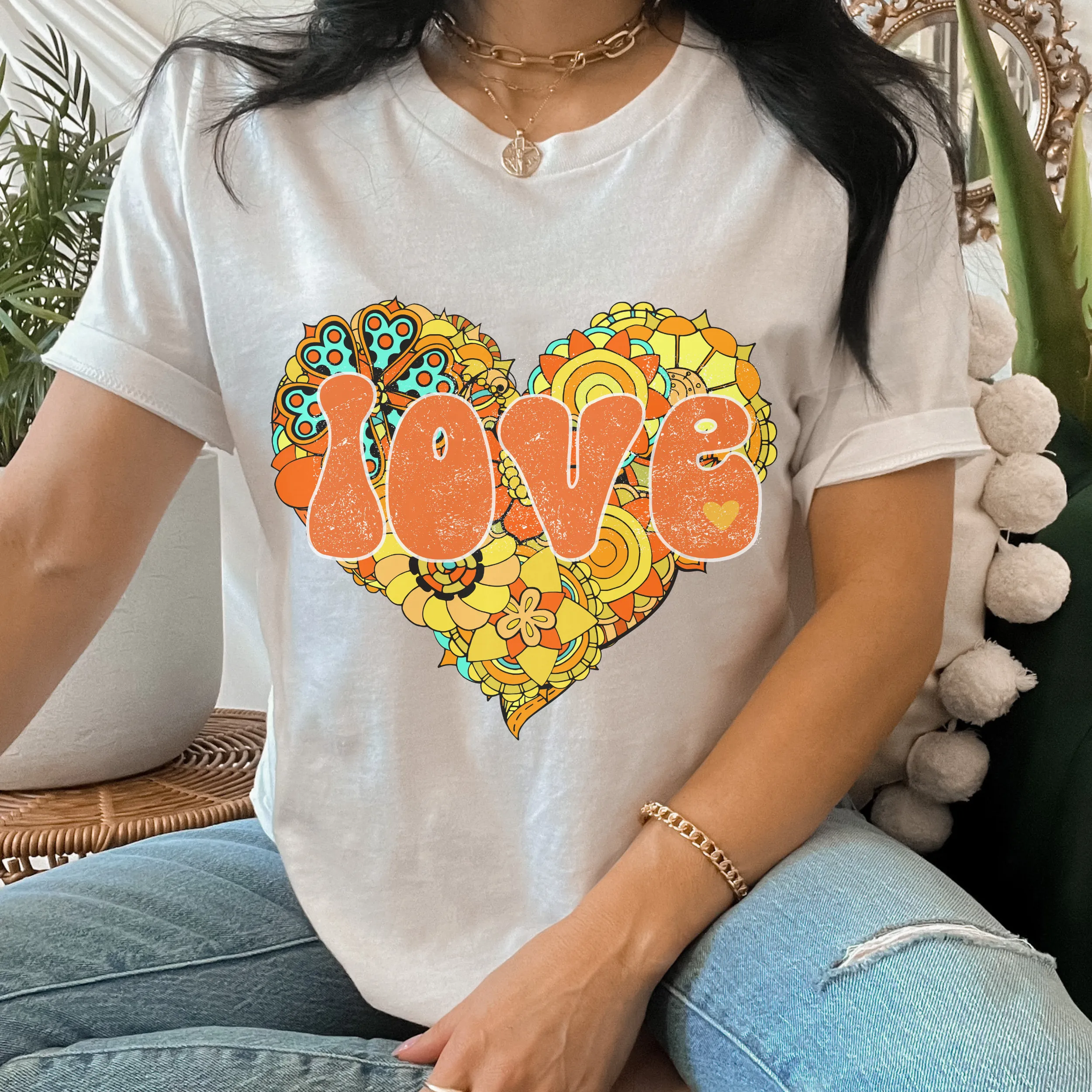 Retro Valentine's Day Orange and Yellow Heart Love Unisex-Size Winter Crewneck or T-Shirt Valentine's Hippie White Crewneck Sweatshirt