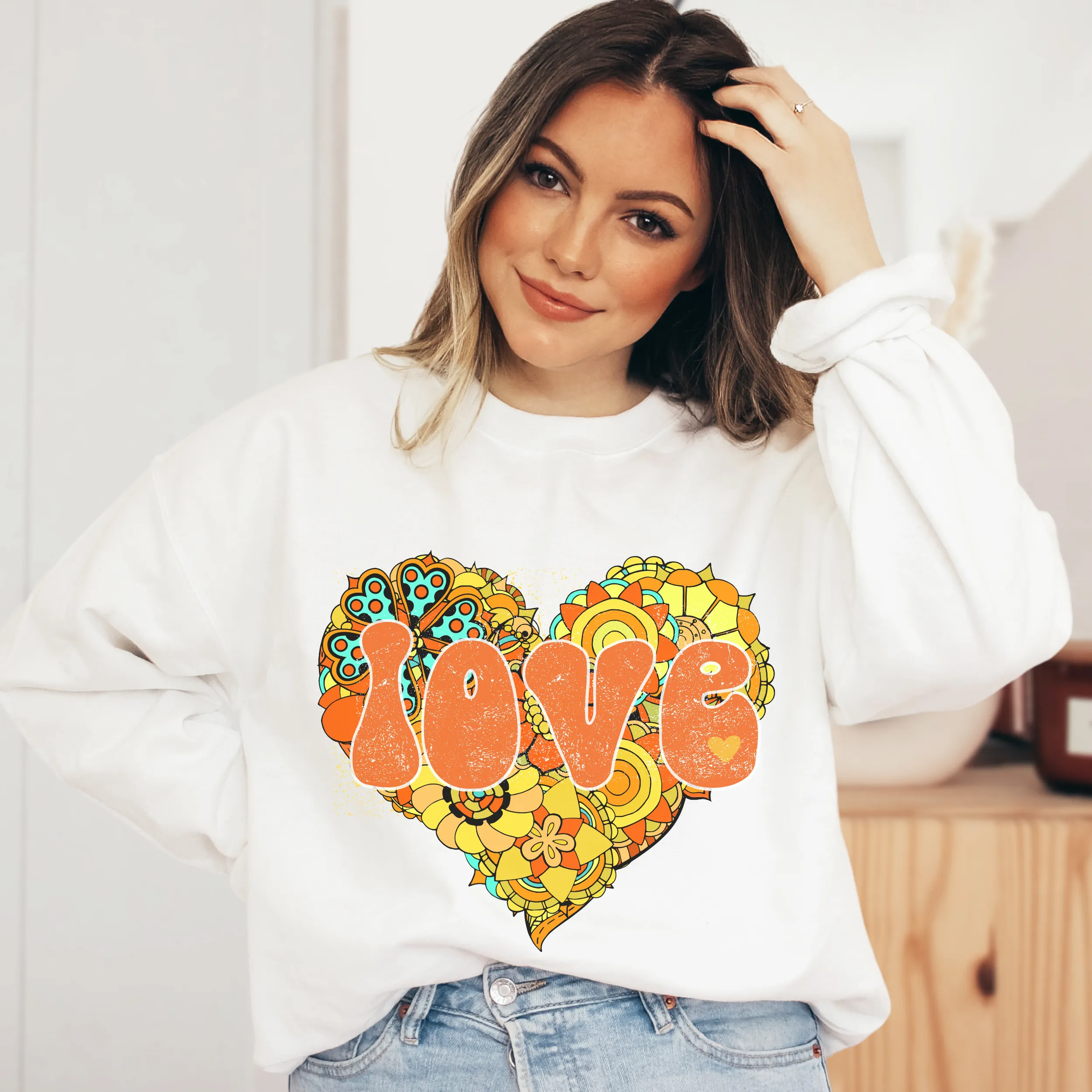 Retro Valentine's Day Orange and Yellow Heart Love Unisex-Size Winter Crewneck or T-Shirt Valentine's Hippie White Crewneck Sweatshirt