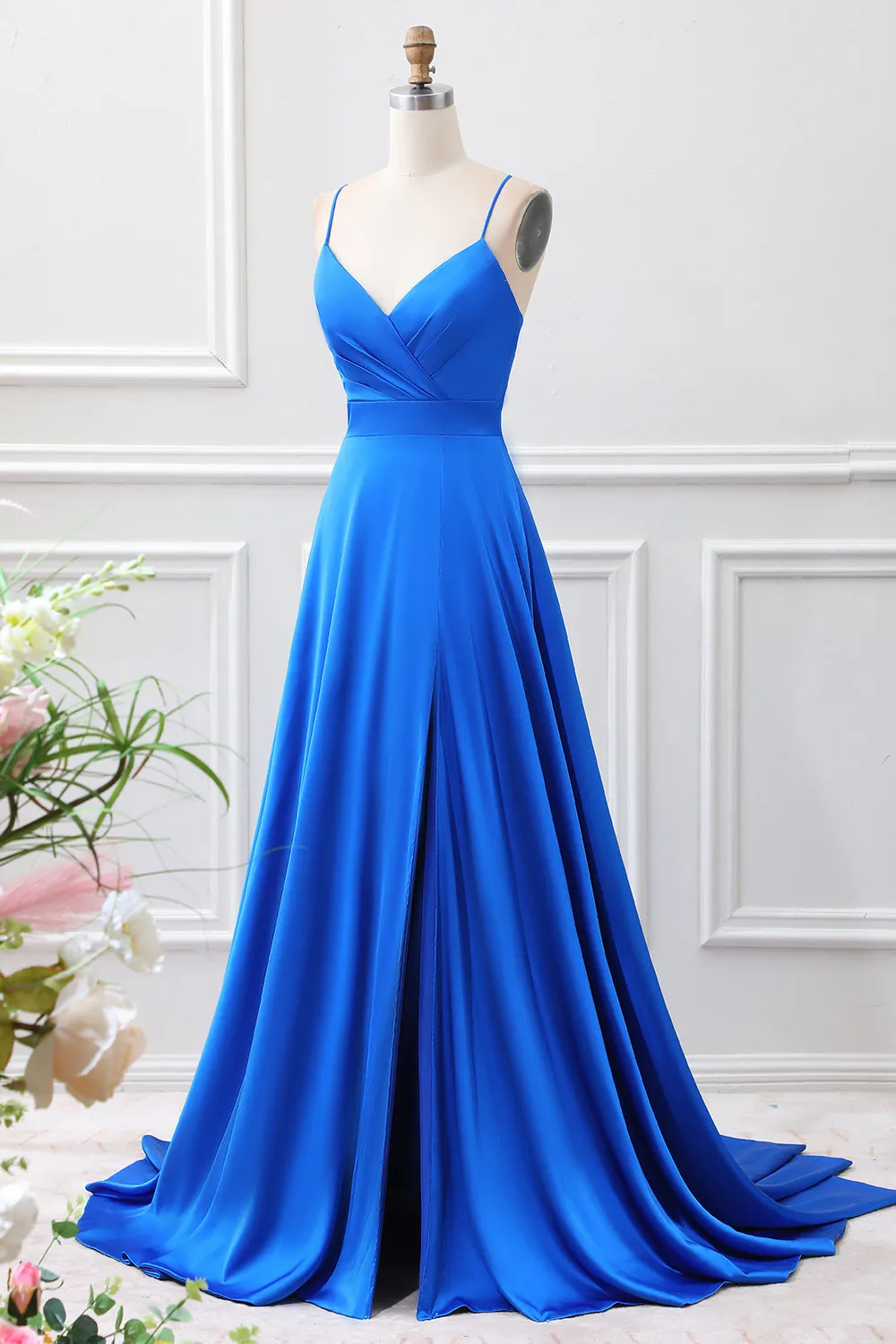 Royal Blue A Line Spaghetti Straps Satin Maxi Dress with Slit