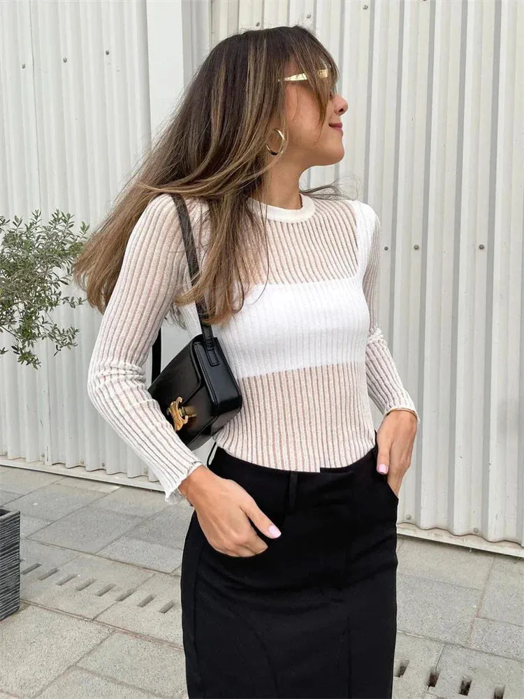 See-through Sleeve Ribbed Knit Rib Skinny Long Spring Casual Knit White T-shirt