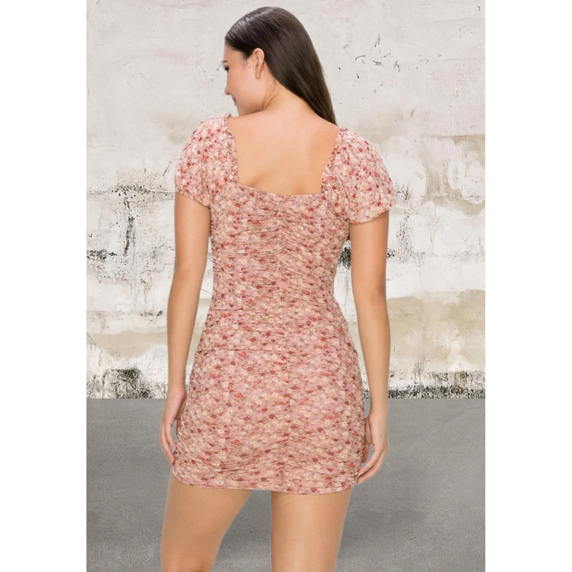 Short Sleeve Ruched Floral Ruffled Bodycon Dress