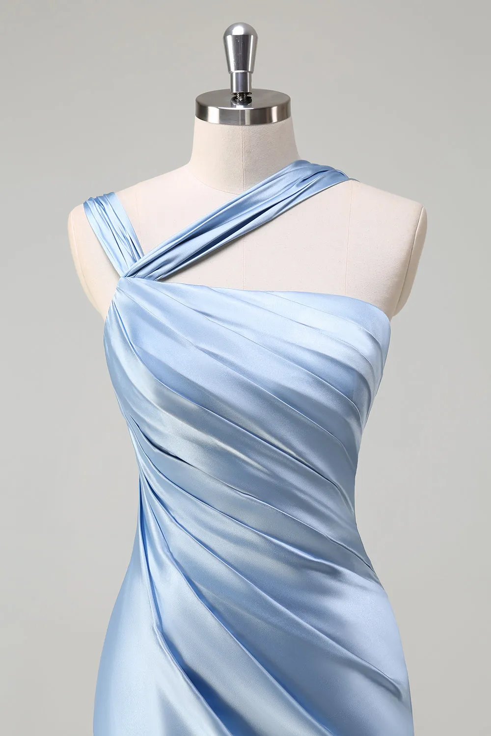 Sky Blue Ruched Satin Bridesmaid Dress with Slit