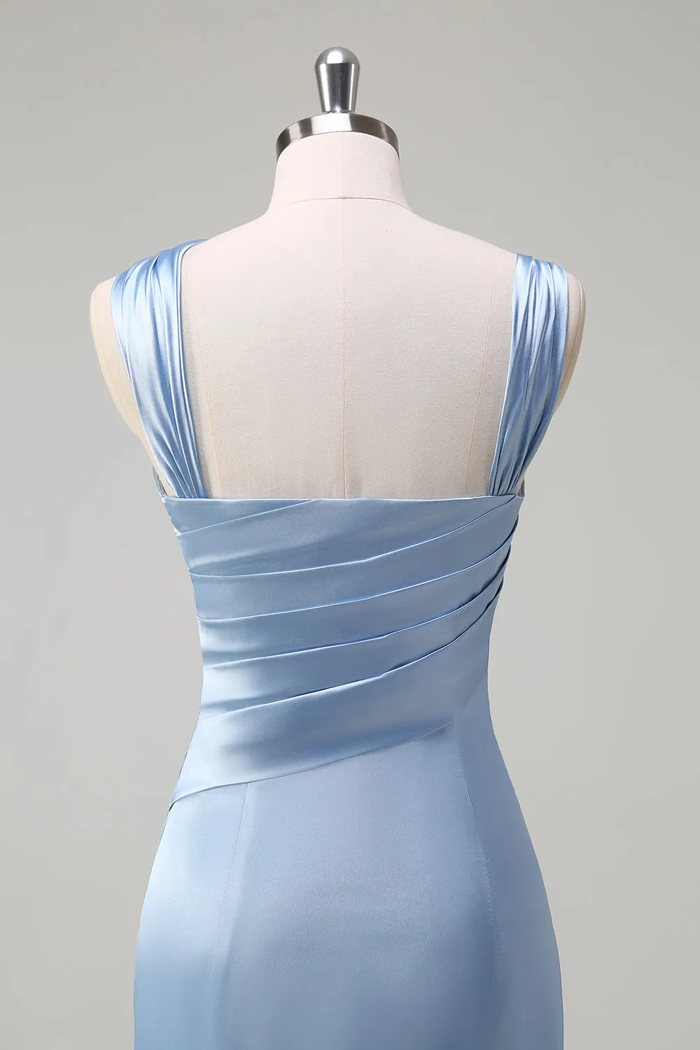 Sky Blue Ruched Satin Bridesmaid Dress with Slit