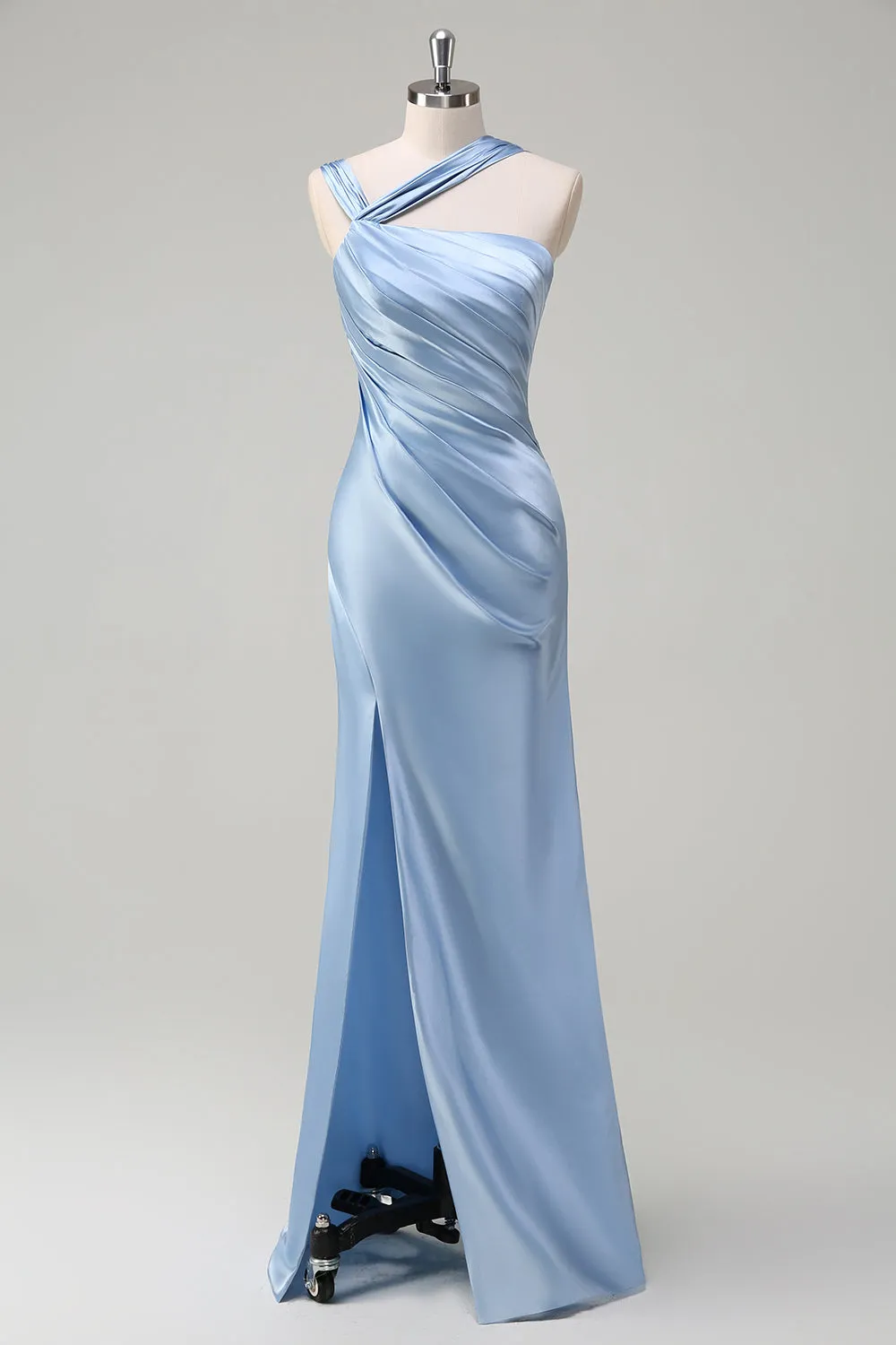 Sky Blue Ruched Satin Bridesmaid Dress with Slit