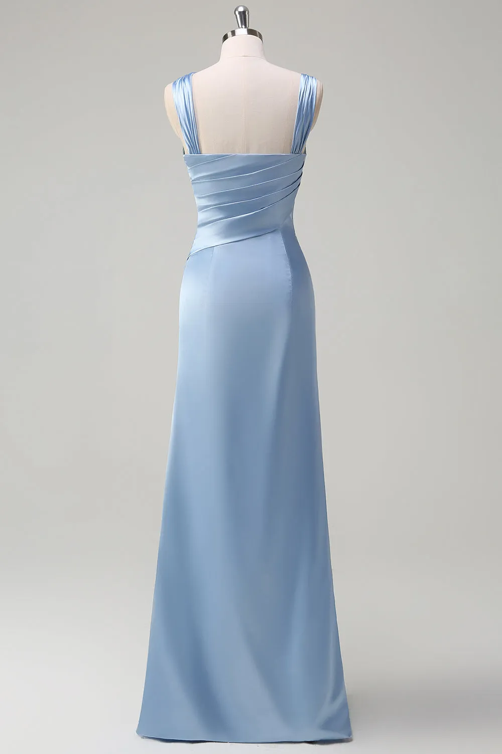 Sky Blue Ruched Satin Bridesmaid Dress with Slit