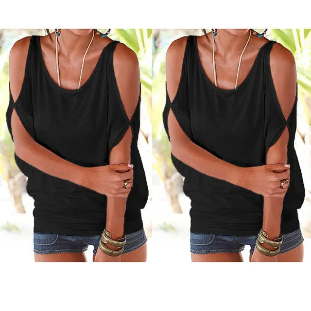 Slit Sleeve Cold Shoulder Tops Shirt Women Casual Summer T Shirt Girl 2017 Tee T shirt Loose Top T-Shirt plus size S-XXL