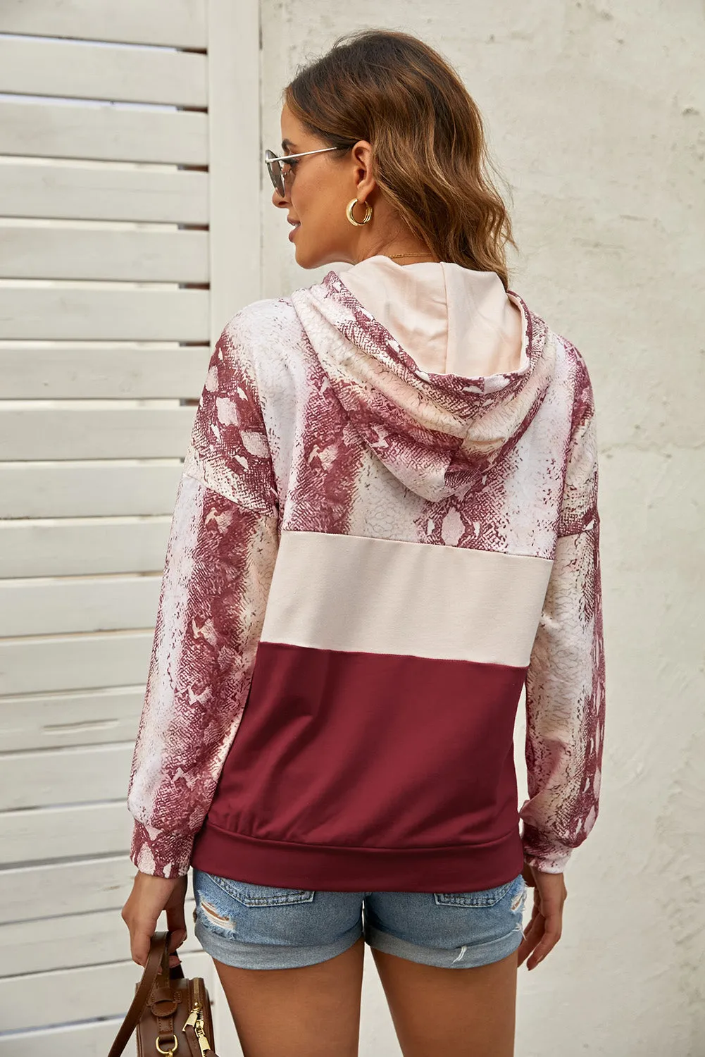 Snake Print Color Block Drawstring Detail Hoodie