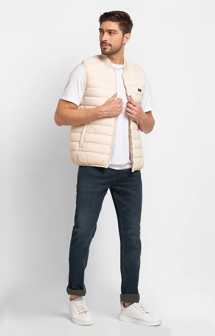 Spykar Ecru Polyester Sleeveless Casual Jacket For Men