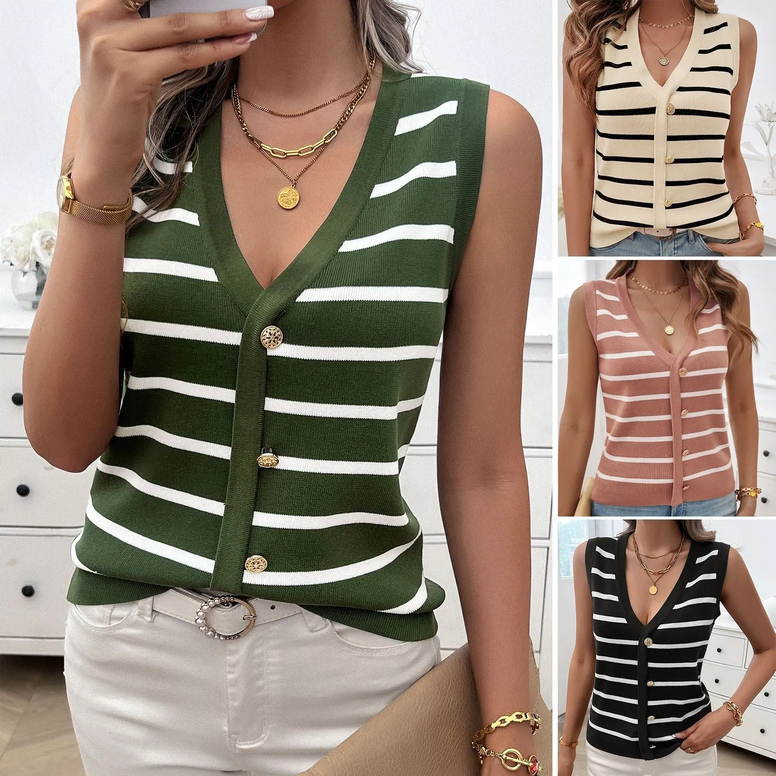 Striped Sleeveless Contrasting V-neck Knit Vest Top (4 colors)