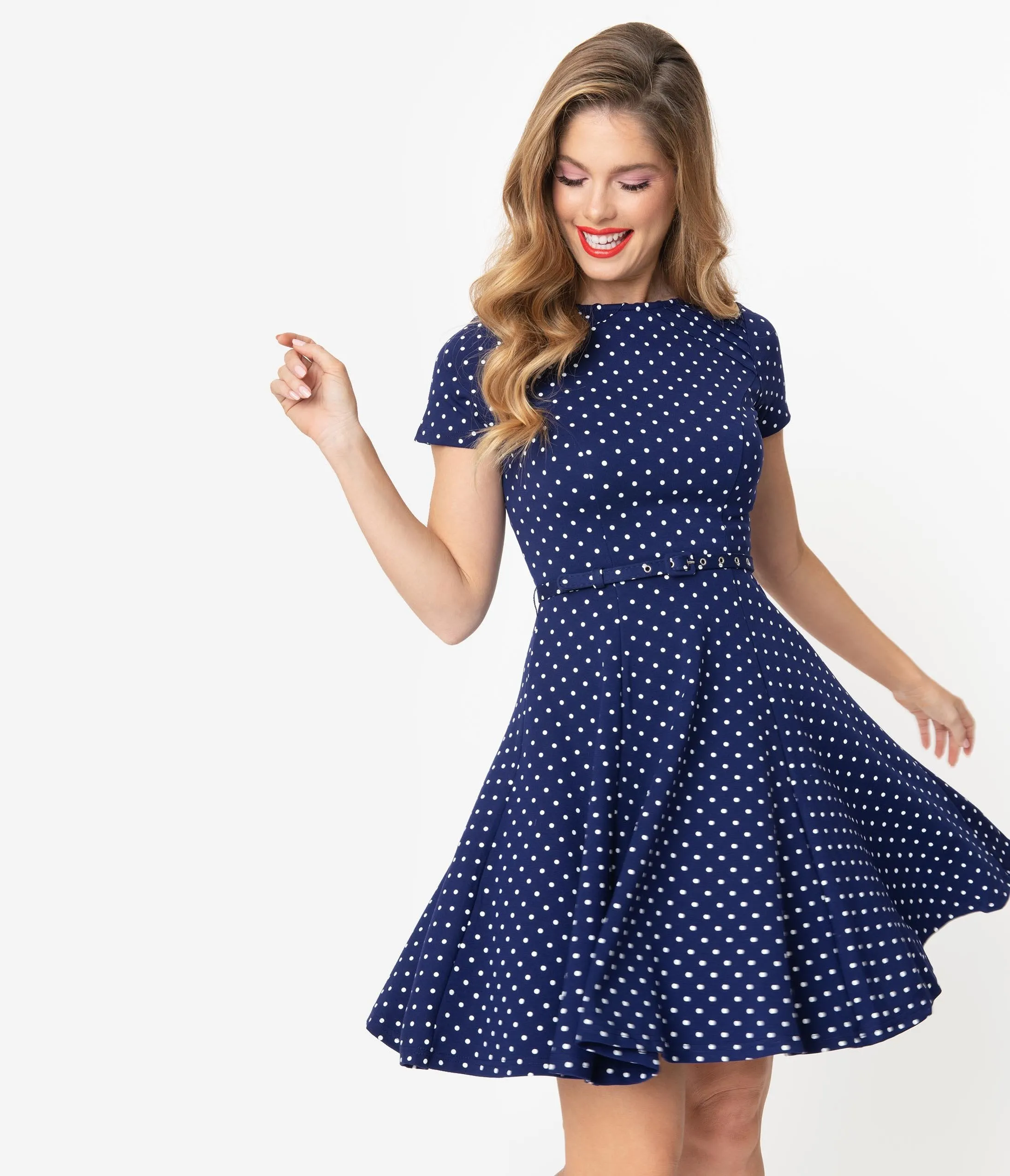 Unique Vintage Navy & White Pin Dot Short Sleeve Stephanie Fit & Flare Dress