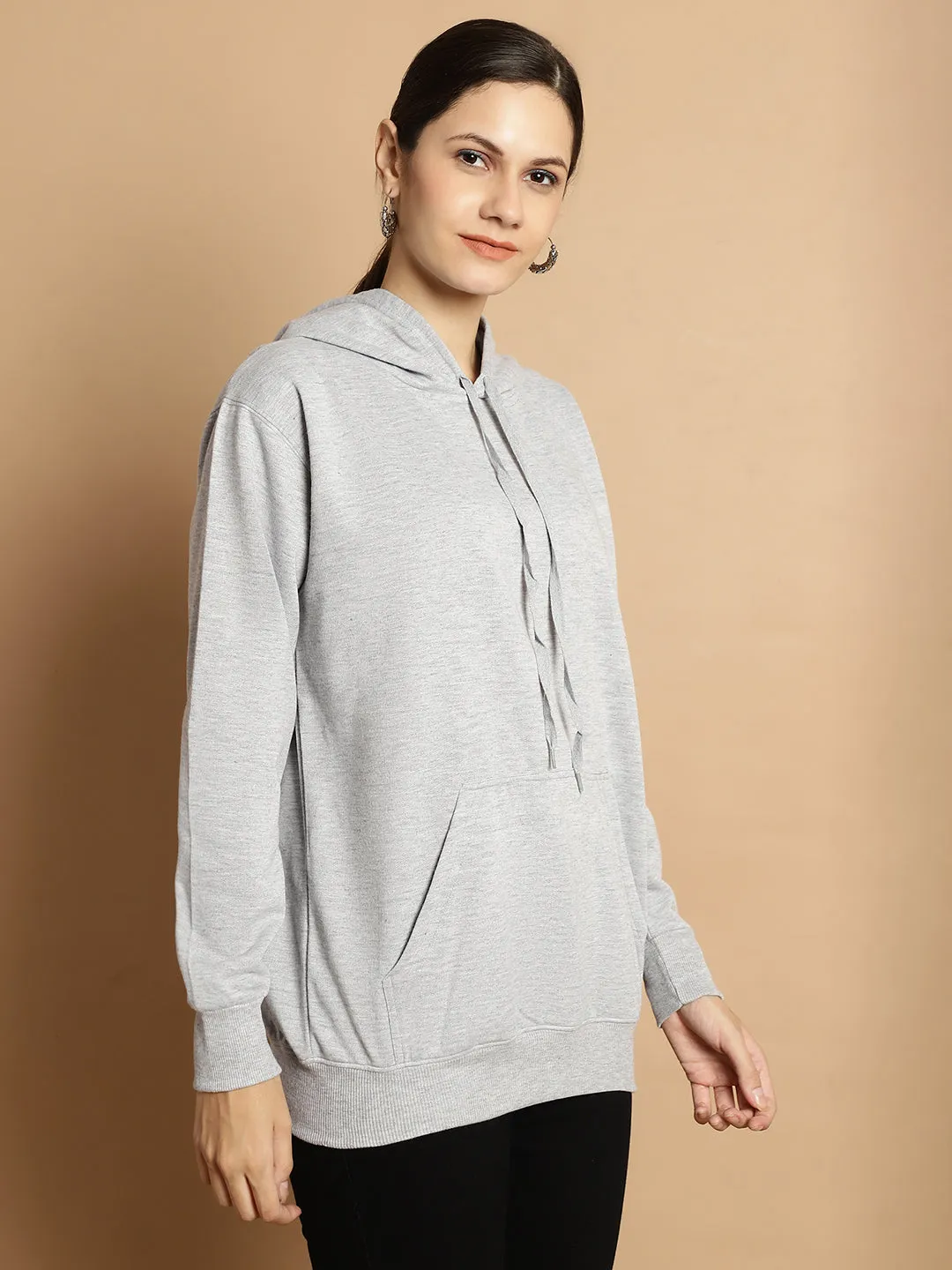 Vimal Jonney Grey Melange Solid Hooded Cotton Fleece Sweatshirt for Women