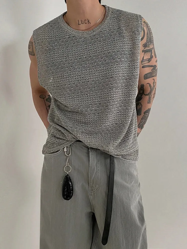 Wiaofellas  -  Hollow Out Knitted Tank Top For Men Summer Loose Sleeveless T-shirt Korean Style Trendy Round Collar Vests