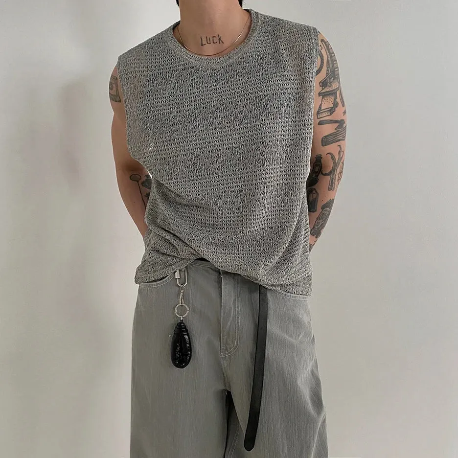 Wiaofellas  -  Hollow Out Knitted Tank Top For Men Summer Loose Sleeveless T-shirt Korean Style Trendy Round Collar Vests