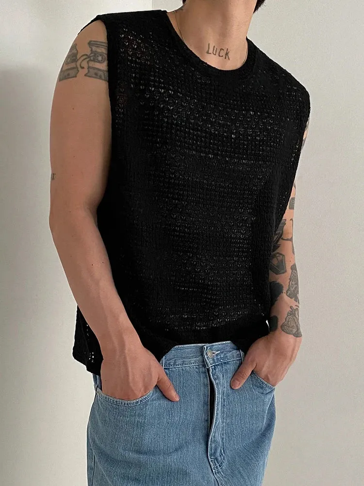 Wiaofellas  -  Hollow Out Knitted Tank Top For Men Summer Loose Sleeveless T-shirt Korean Style Trendy Round Collar Vests