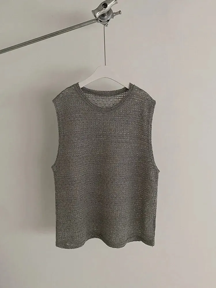 Wiaofellas  -  Hollow Out Knitted Tank Top For Men Summer Loose Sleeveless T-shirt Korean Style Trendy Round Collar Vests