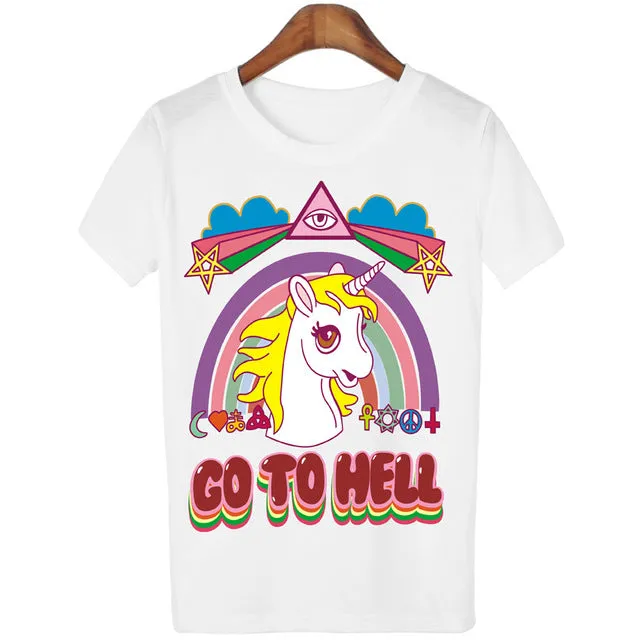 Women Casual Unicorn T-shirt Harajuku Blusa Tops Crew Neck White Short Sleeve T shirt Lady Tees