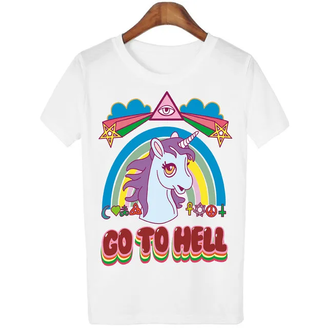 Women Casual Unicorn T-shirt Harajuku Blusa Tops Crew Neck White Short Sleeve T shirt Lady Tees