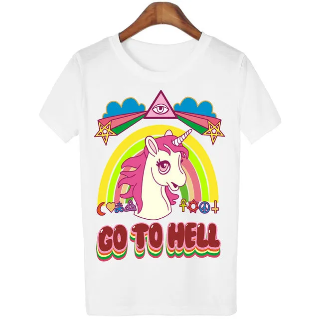 Women Casual Unicorn T-shirt Harajuku Blusa Tops Crew Neck White Short Sleeve T shirt Lady Tees