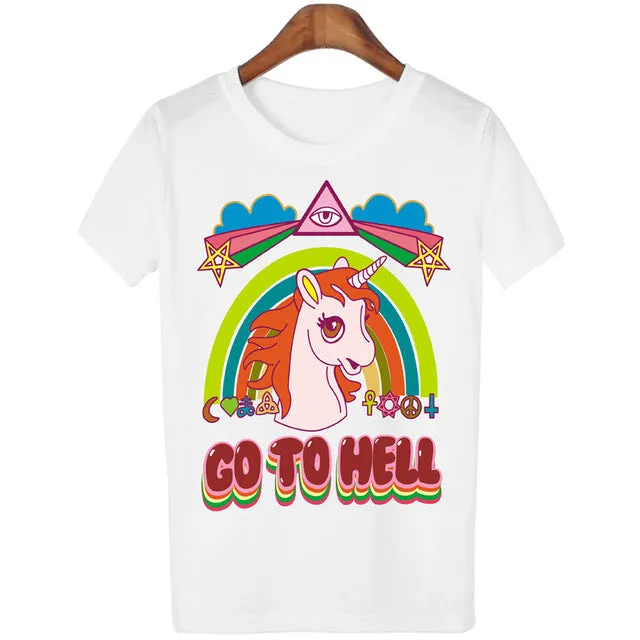 Women Casual Unicorn T-shirt Harajuku Blusa Tops Crew Neck White Short Sleeve T shirt Lady Tees