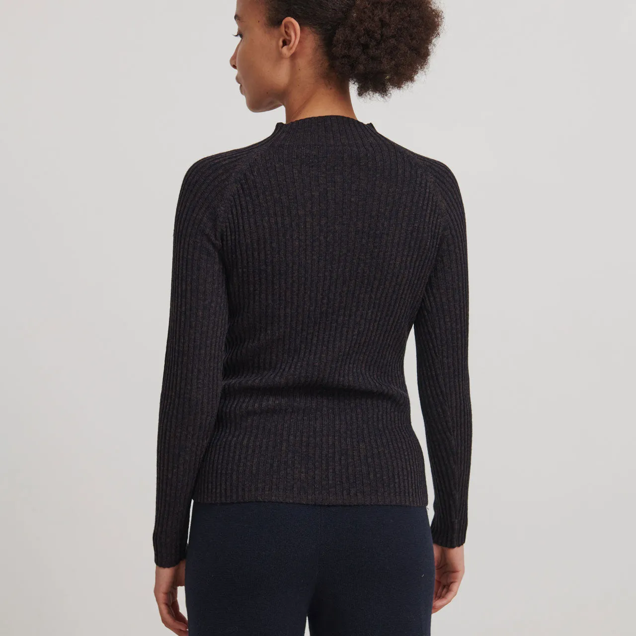 Women's High Neck Long Sleeve Rib Raglan Top - 100% Merino - Dark Navy Melange (S, M, L)