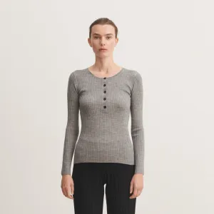 Women's Long Sleeve Rib Top - 100% Merino - Grey Melange (XS-L)