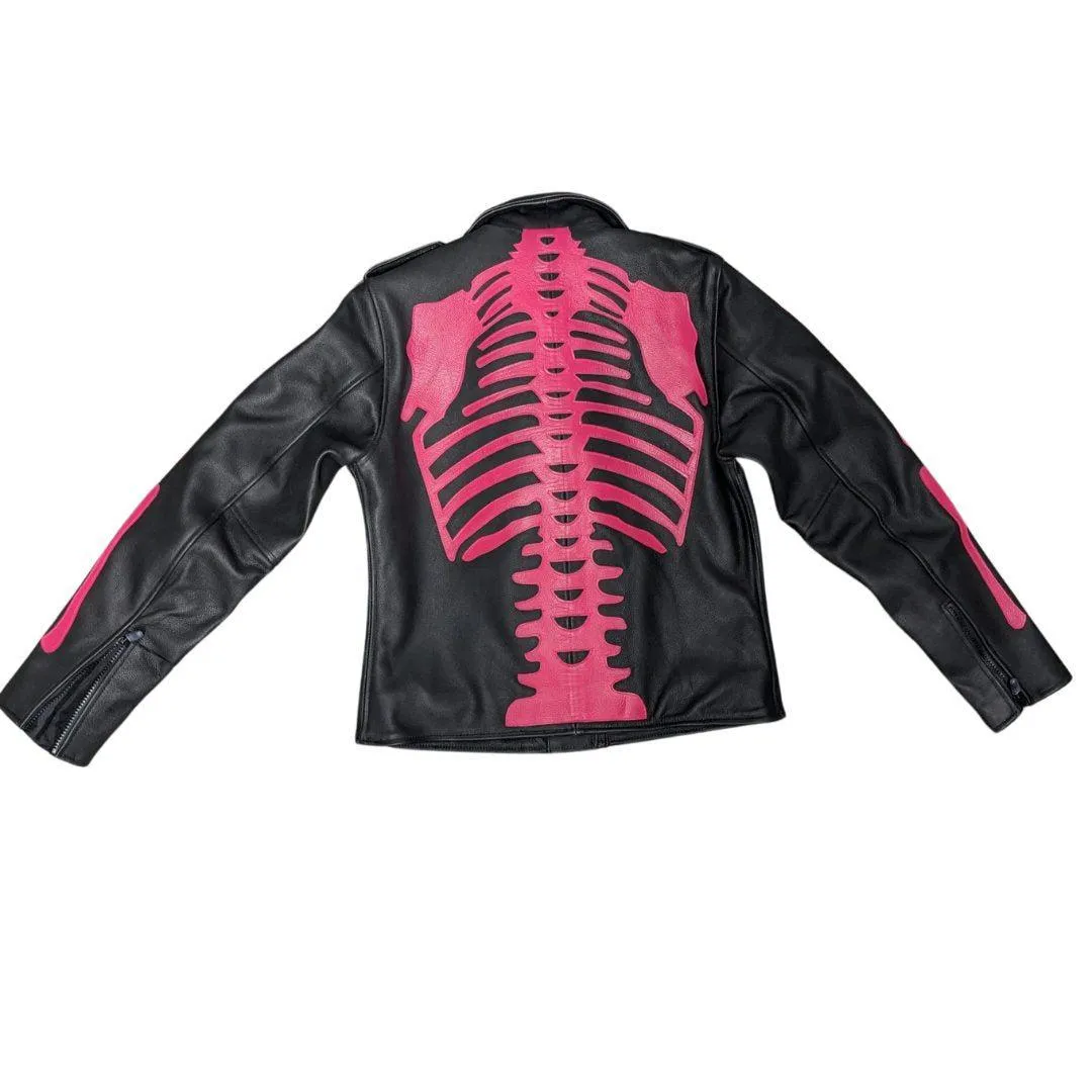 Womens Pink Skeleton Bones Classic Motorcycle Jacket