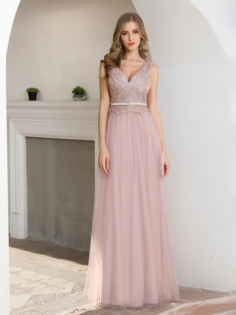 Women's Sweet Double V Neck Embroidered Tulle Bridesmaid Dress